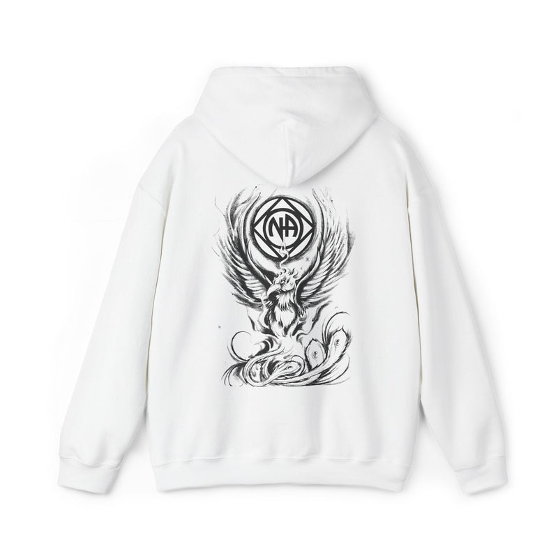 Load image into Gallery viewer, White hoodie with black graphic design on the back against a white background
