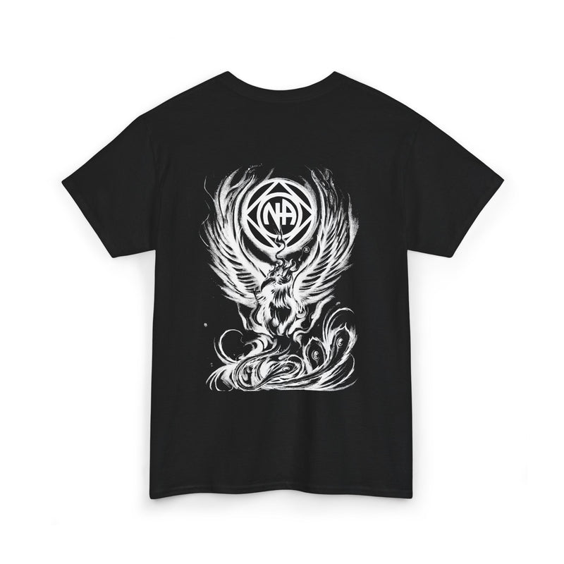 Load image into Gallery viewer, Black t-shirt with white graphic design on a white background