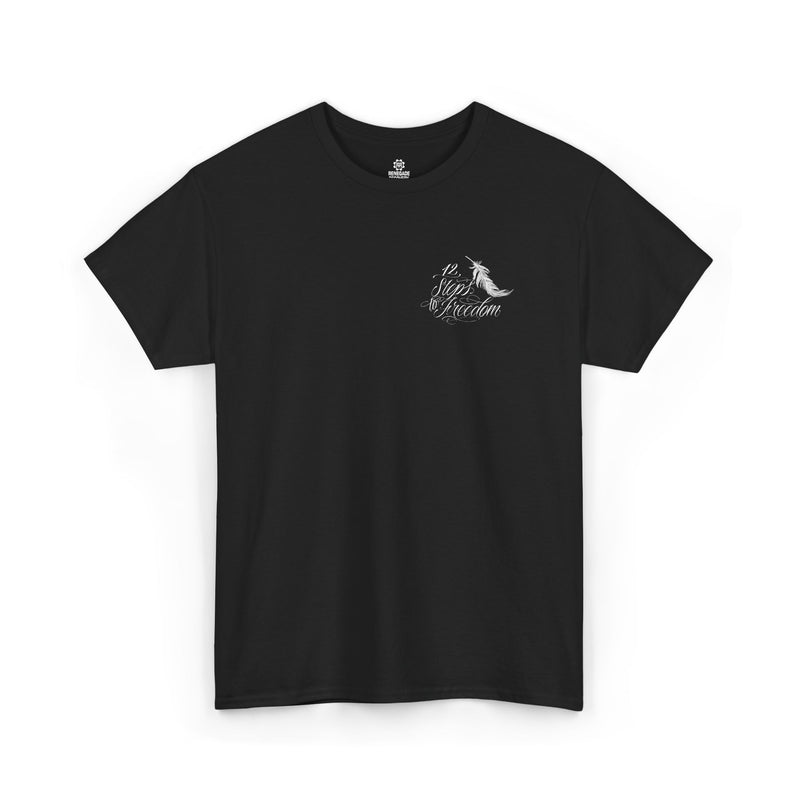 Load image into Gallery viewer, Black t-shirt with a white logo on a white background