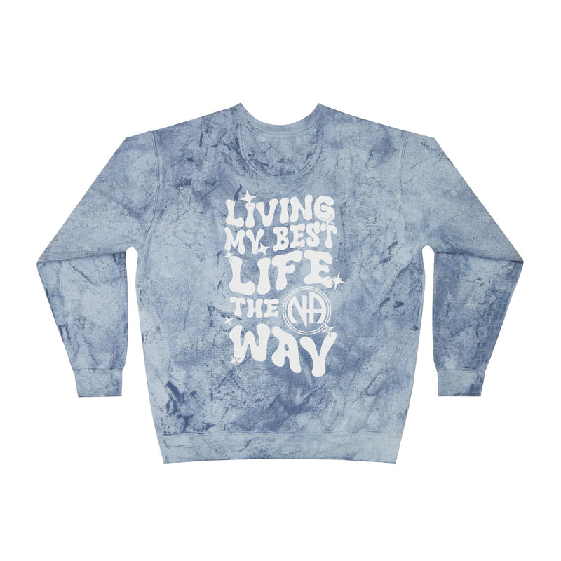 Load image into Gallery viewer, Living My Best Life the NA Way Narcotics Anonymous Unisex Women's Comfort Colors Color Blast Crewneck Sweatshirt