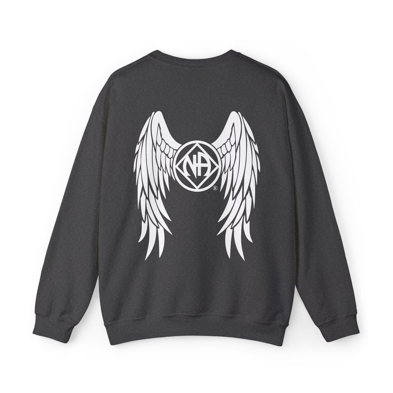 Load image into Gallery viewer, Black sweatshirt with white wings and logo on the back against a white background