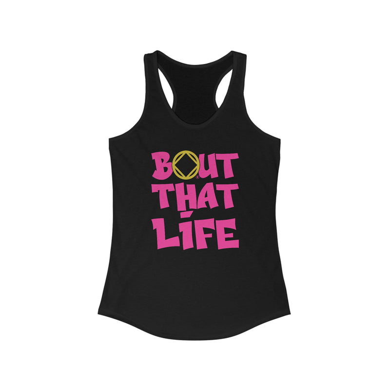 Load image into Gallery viewer, Black tank top with pink and yellow text on a white background