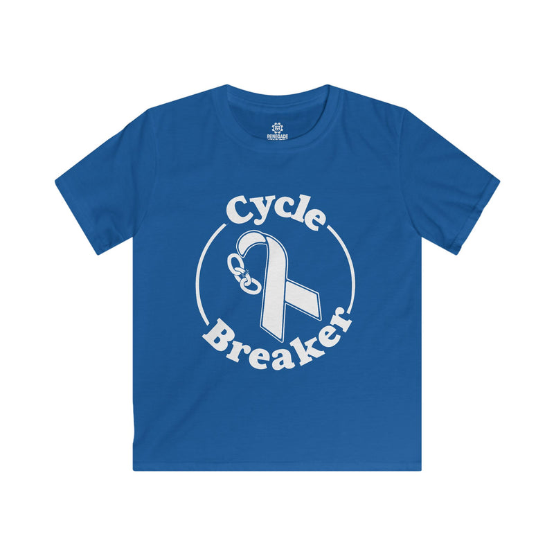 Load image into Gallery viewer, Blue t-shirt with 'Cycle Breaker' design on a white background