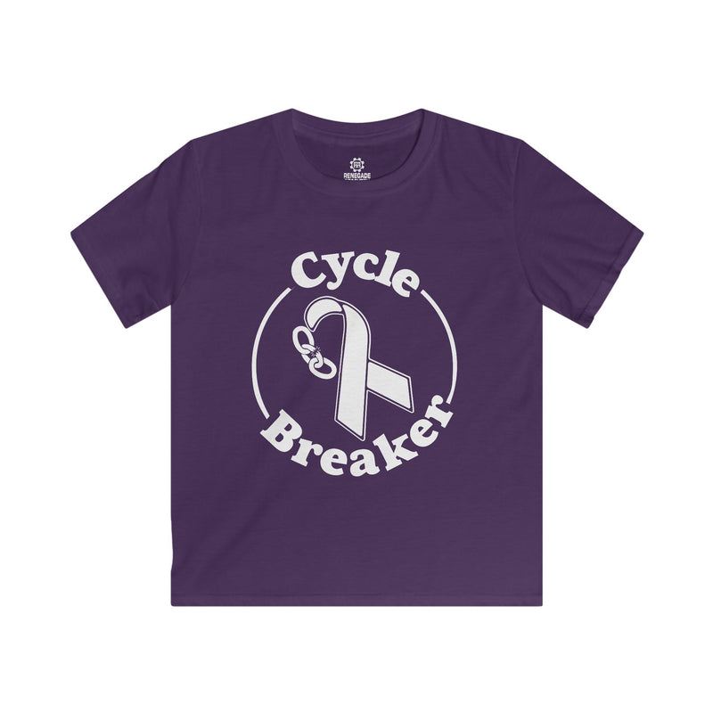 Load image into Gallery viewer, Purple t-shirt with 'Cycle Breaker' design on a white background