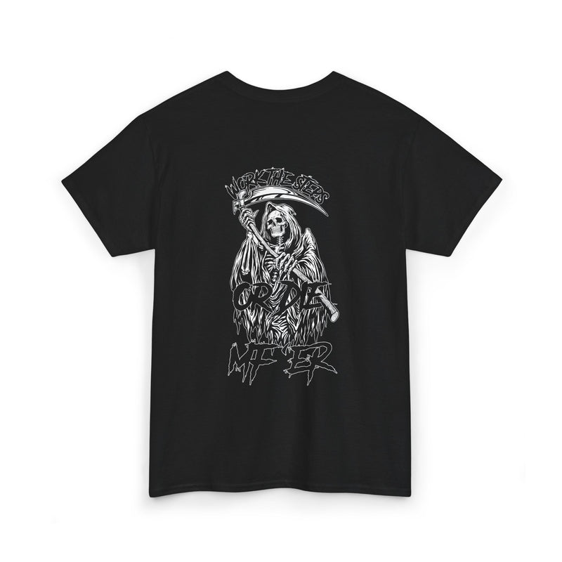 Load image into Gallery viewer, Black t-shirt with a graphic design of a skeleton holding a scythe on a white background