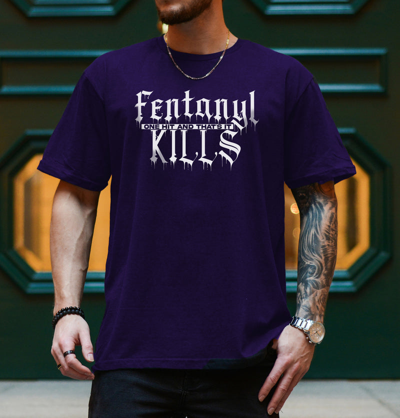 Load image into Gallery viewer, Person wearing a purple t-shirt with 'Fentanyl Kills' text in white.