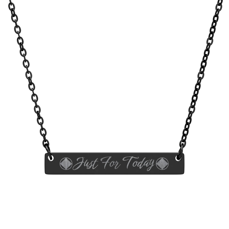 Load image into Gallery viewer, Black necklace with a bar pendant engraved 'Just For Today' on a white background