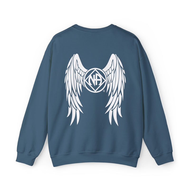 Load image into Gallery viewer, Blue sweatshirt with white wings and logo on the back against a white background