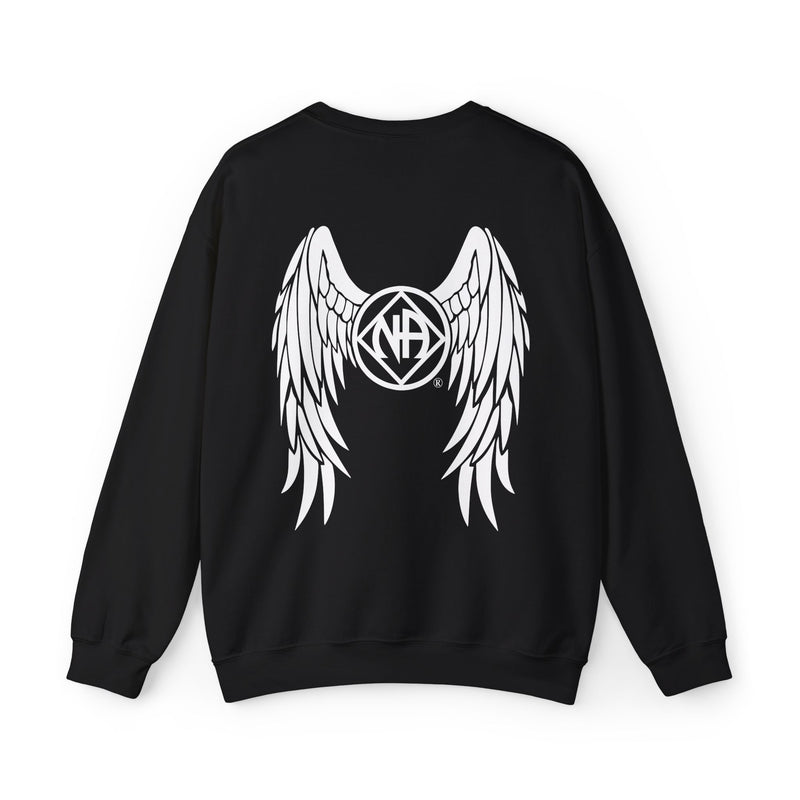 Load image into Gallery viewer, Black sweatshirt with white wings and logo on the back against a white background