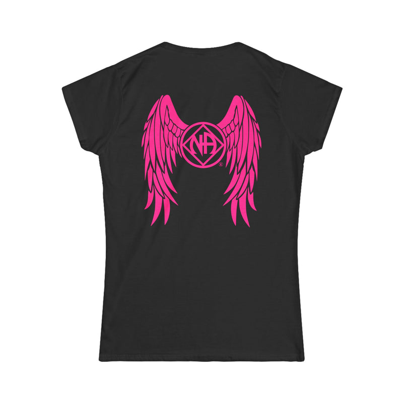 Load image into Gallery viewer, Black t-shirt with pink wings and logo on a white background