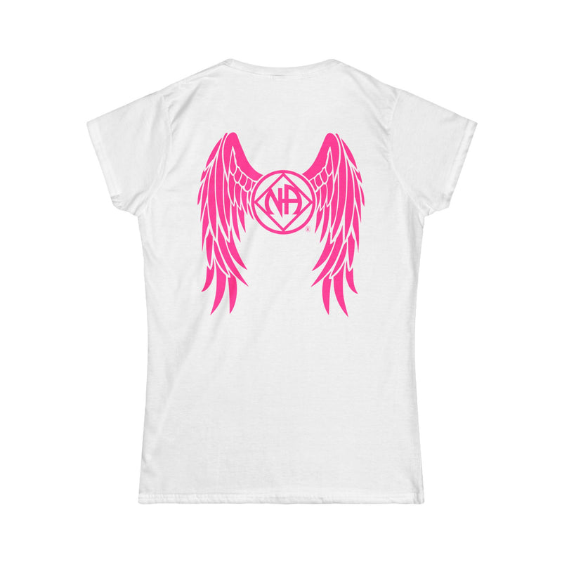 Load image into Gallery viewer, White t-shirt with pink wings and logo on a white background