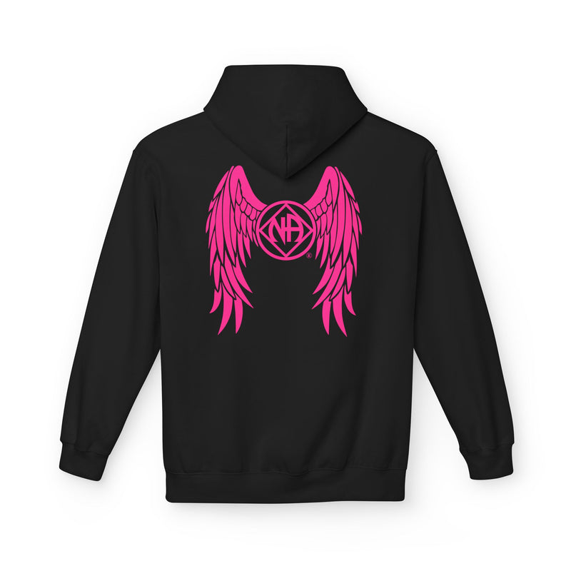 Load image into Gallery viewer, Black hoodie with pink wings and logo on the back against a white background