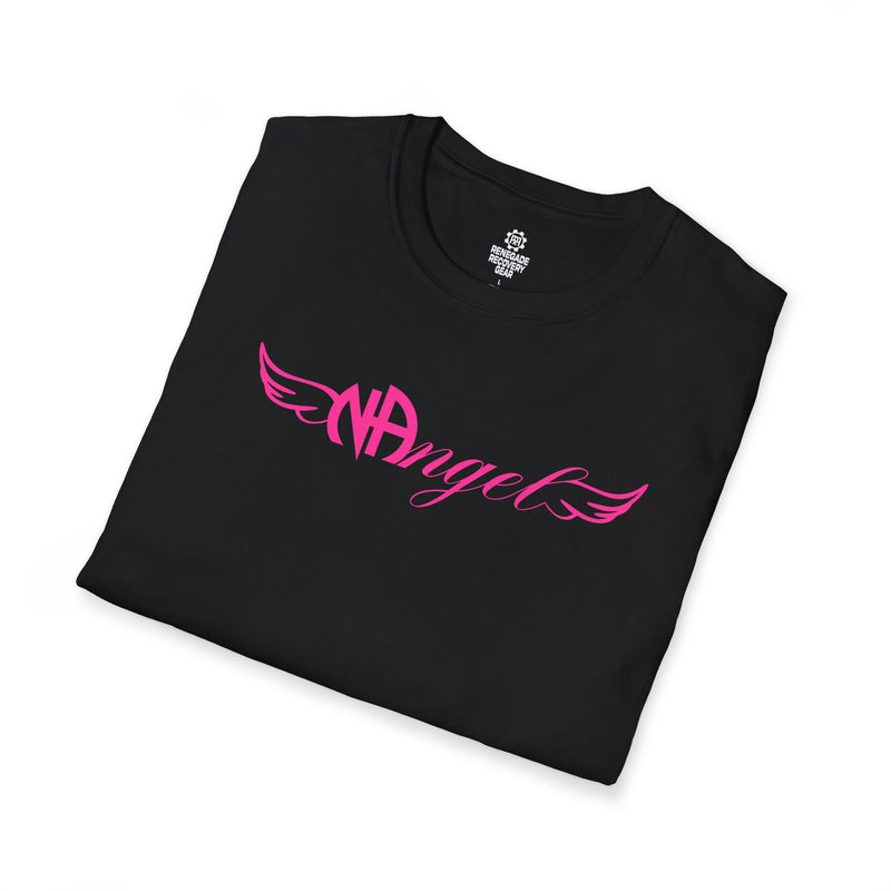 Load image into Gallery viewer, Black t-shirt with pink 'NAngel' design on a white background #Color_Black