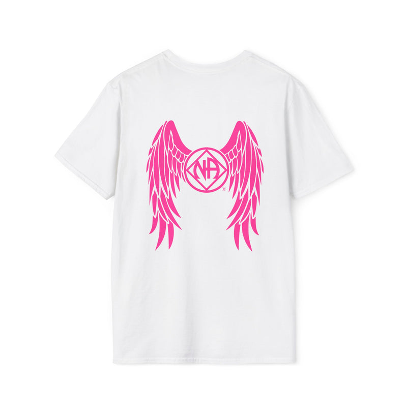 Load image into Gallery viewer, White t-shirt with pink wings and logo on a white background
