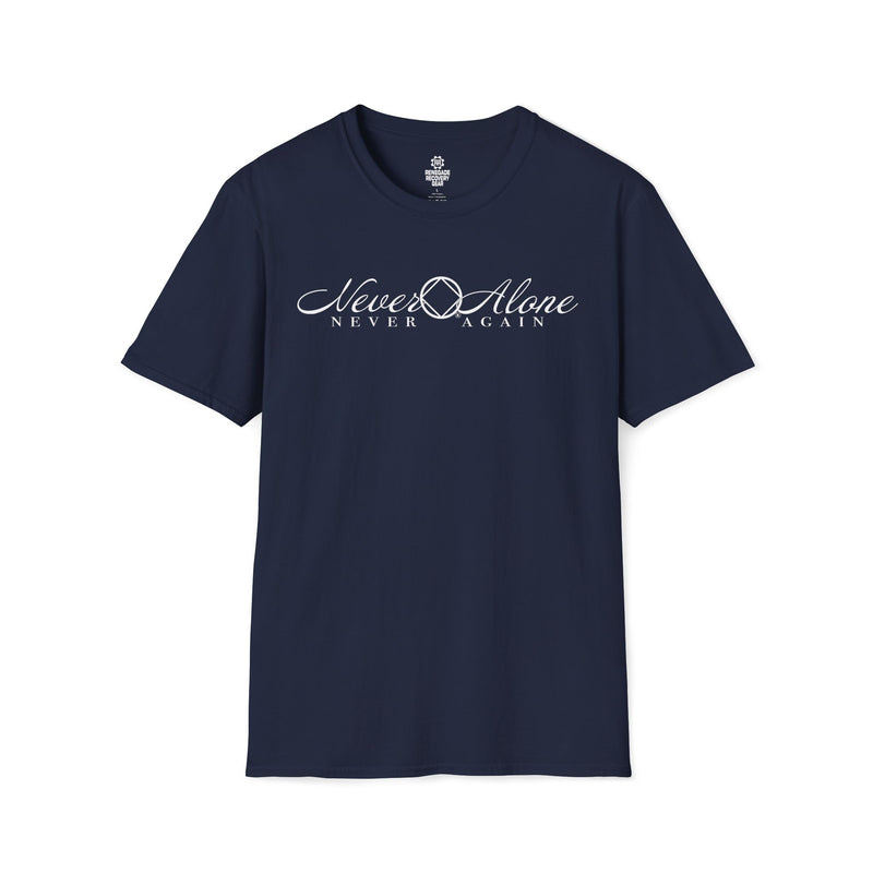 Load image into Gallery viewer, Navy blue t-shirt with 'Never Alone Never Again' text on a white background