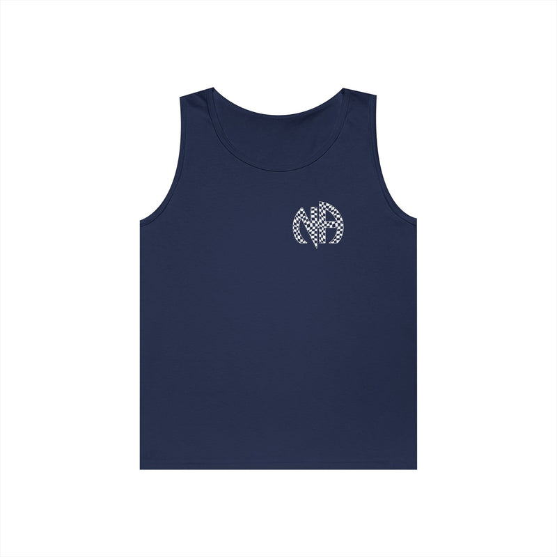 Load image into Gallery viewer, Navy tank top with a logo on a white background