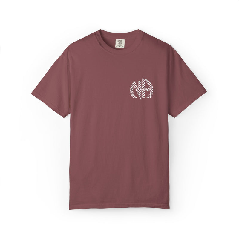 Load image into Gallery viewer, Maroon t-shirt with a white logo on a white background