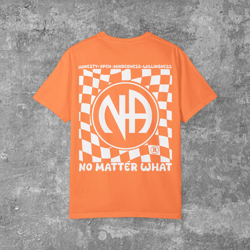 Load image into Gallery viewer, Orange t-shirt with a logo and text on a gray concrete background