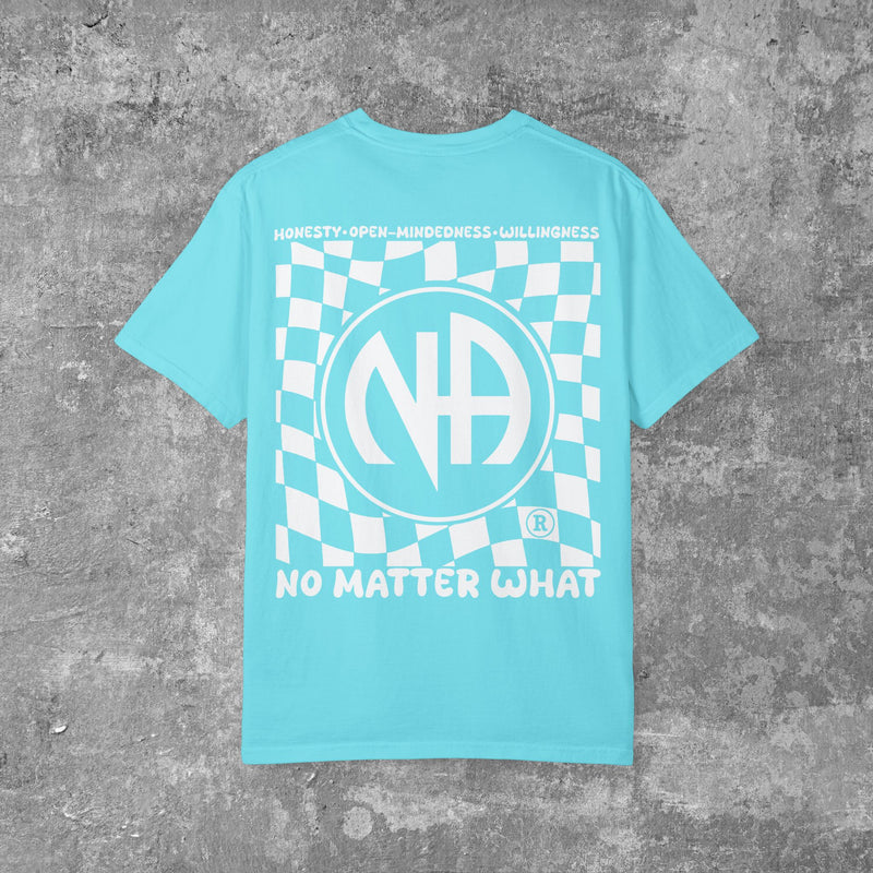 Load image into Gallery viewer, Turquoise t-shirt with white graphic design on a gray concrete background