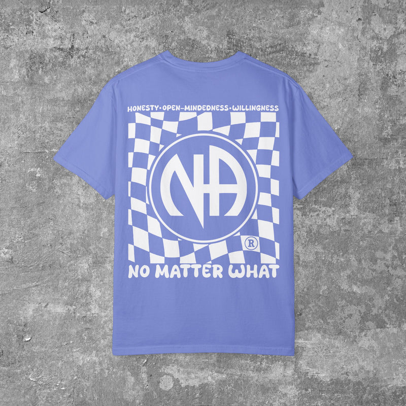 Load image into Gallery viewer, Blue t-shirt with white graphic design on a gray concrete background