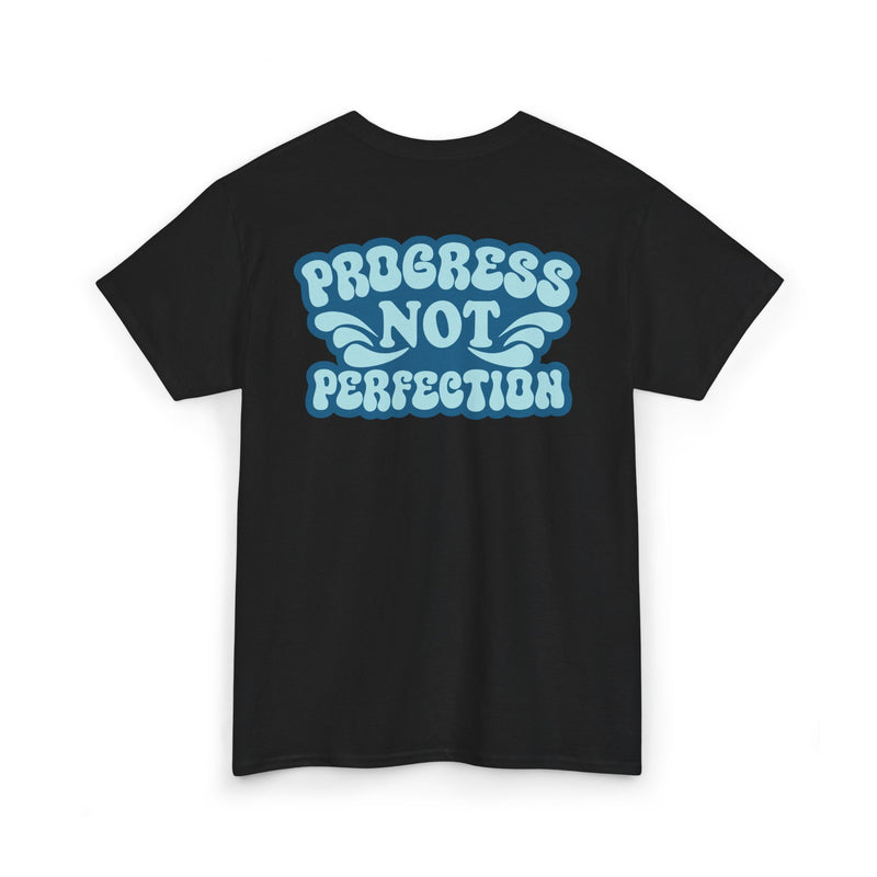 Load image into Gallery viewer, Black t-shirt with blue 'Progress Not Perfection' text on a white background