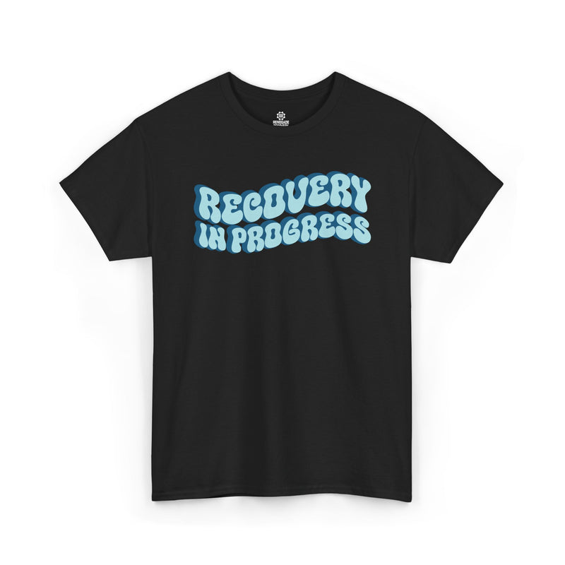 Load image into Gallery viewer, Black t-shirt with 'RECOVERY IN PROGRESS' text on a white background