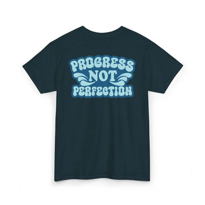 Load image into Gallery viewer, Black t-shirt with 'Progress Not Perfection' text on the back against a white background