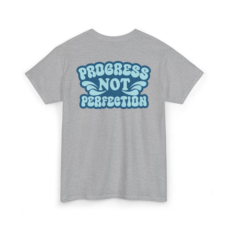 Load image into Gallery viewer, Gray t-shirt with blue text 'PROGRESS NOT PERFECTION' on a white background
