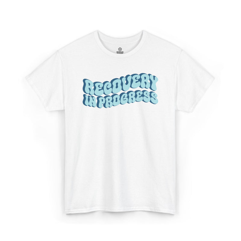 Load image into Gallery viewer, White t-shirt with 'Recovery in Progress' text on a white background