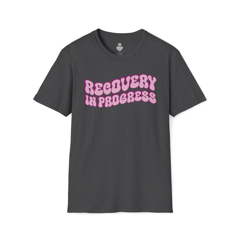 Load image into Gallery viewer, Gray t-shirt with 'Recovery in Progress' text in pink on a white background