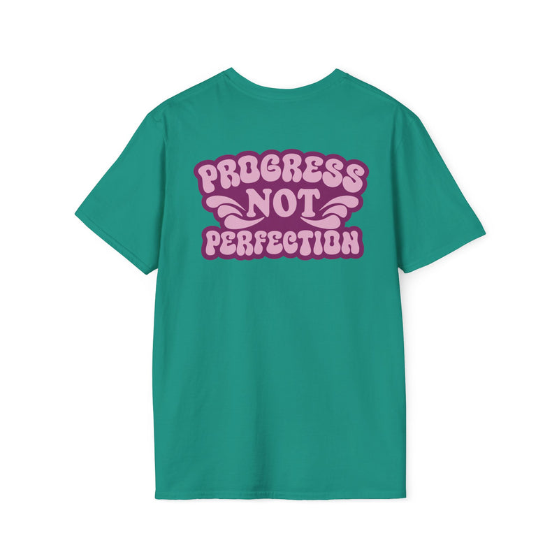 Load image into Gallery viewer, Green t-shirt with 'Progress Not Perfection' text on a white background