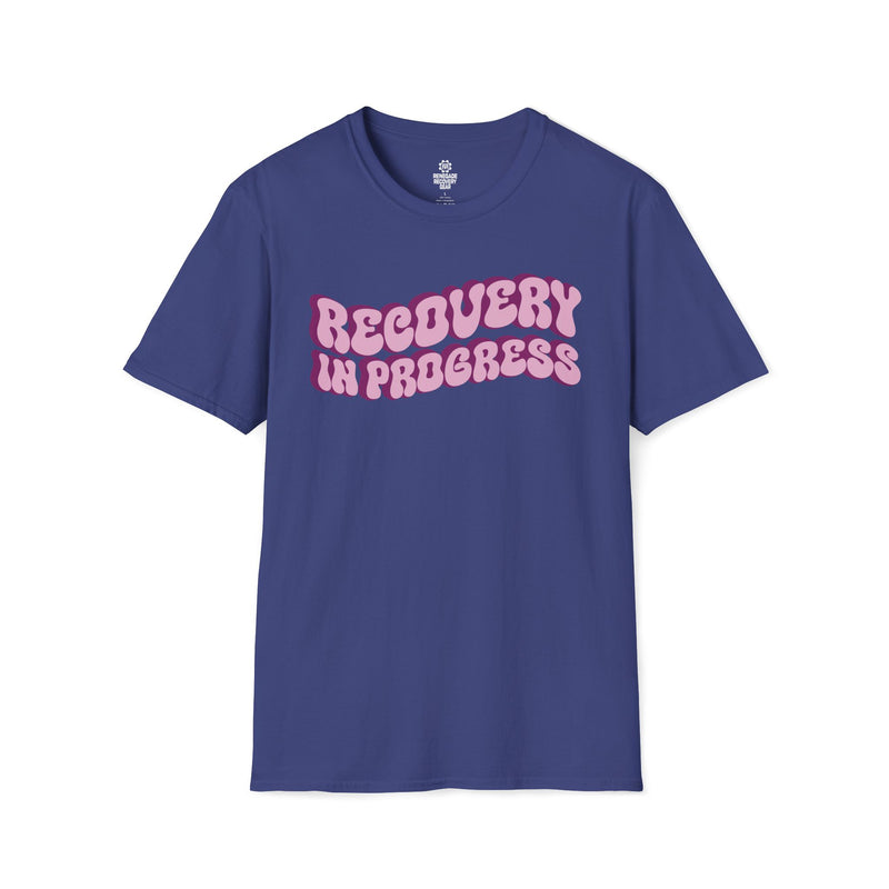 Load image into Gallery viewer, Blue t-shirt with 'RECOVERY IN PROGRESS' text in pink on a white background