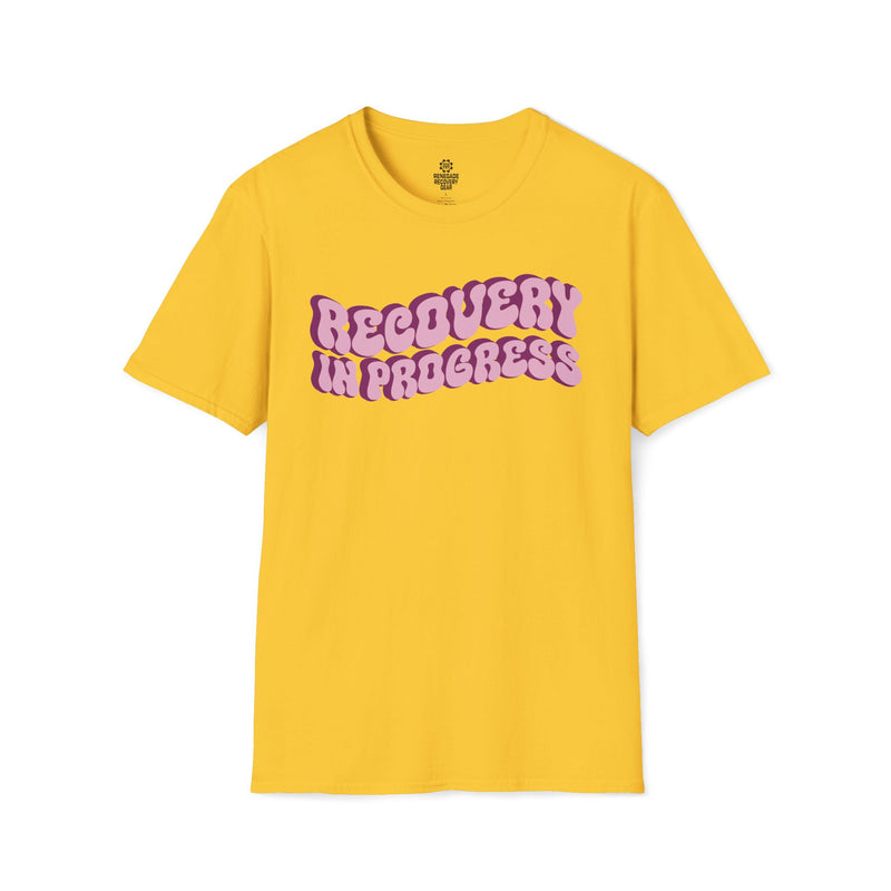 Load image into Gallery viewer, Yellow t-shirt with 'Recovery In Progress' text on a white background