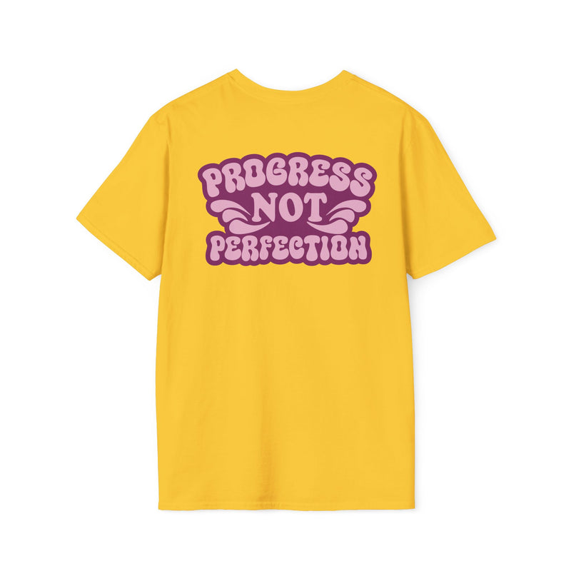 Load image into Gallery viewer, Yellow t-shirt with 'Progress Not Perfection' text on the back against a white background