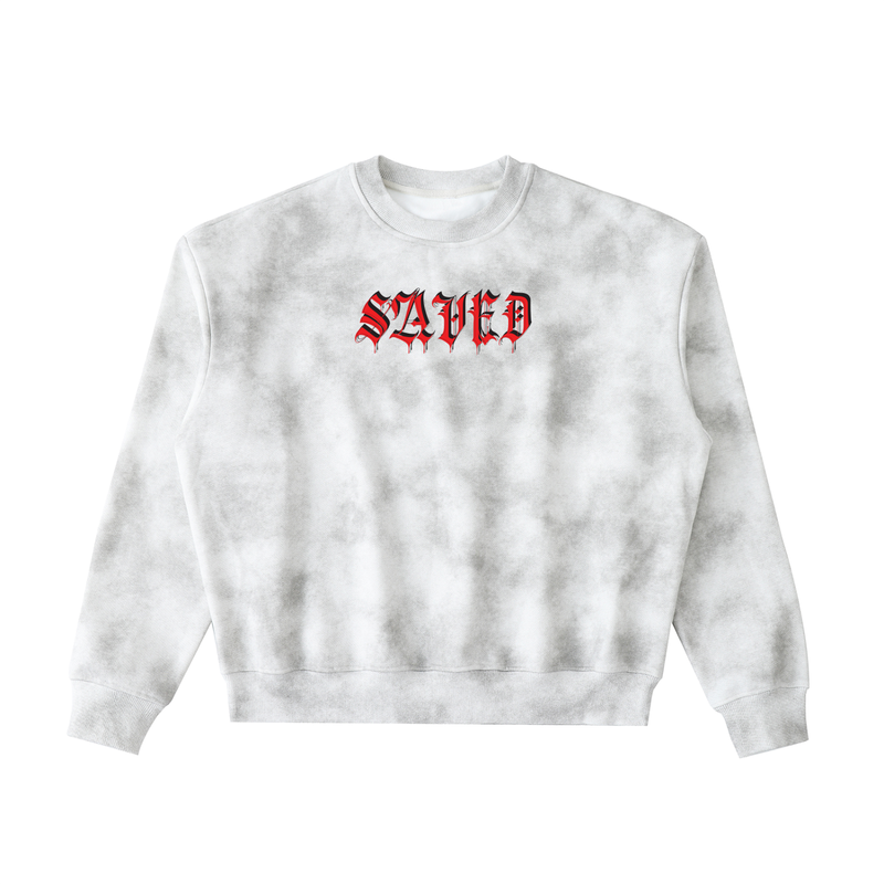 Load image into Gallery viewer, White tie-dye sweatshirt with 'SAVED' in red text on a white background