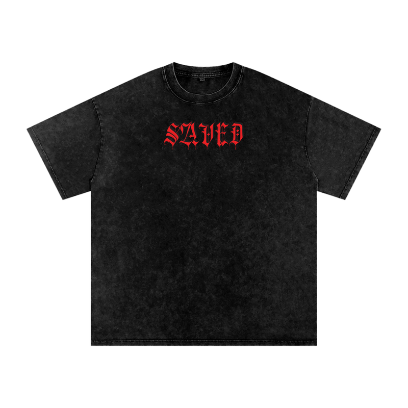 Load image into Gallery viewer, Black t-shirt with 'SAVED' in red text on a white background