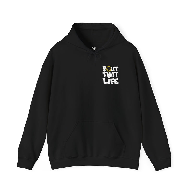 Load image into Gallery viewer, Black hoodie with 'Bout That Life' text