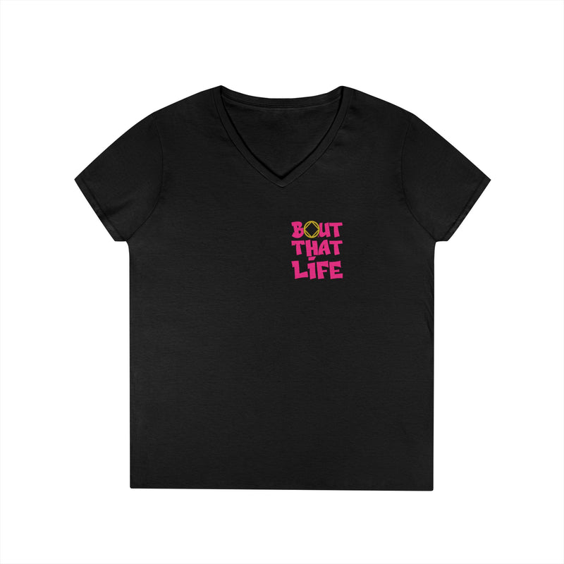 Load image into Gallery viewer, Black V-neck t-shirt with 'Bout That Life' text in pink and yellow