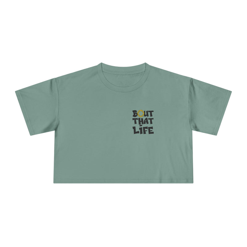 Load image into Gallery viewer, Green t-shirt with 'Bout That Life' text