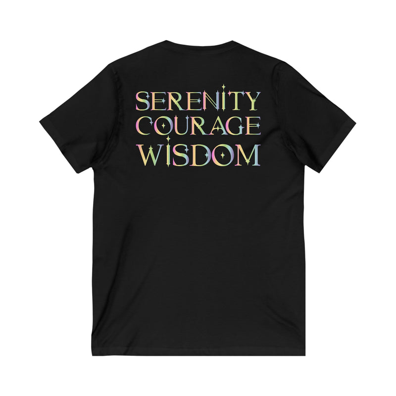 Load image into Gallery viewer, A black unisex women's V-neck T-shirt with the words 'SERENITY Courage Wisdom' printed in multicolored letters on the front.