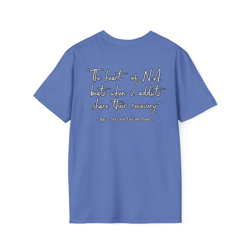 Load image into Gallery viewer, Blue t-shirt with text on the back on a white background