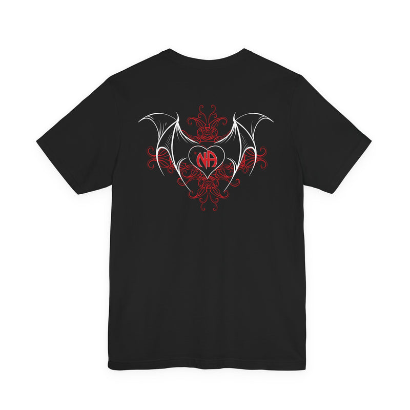 Load image into Gallery viewer, Black t-shirt with red and white bat design on the back against a white background