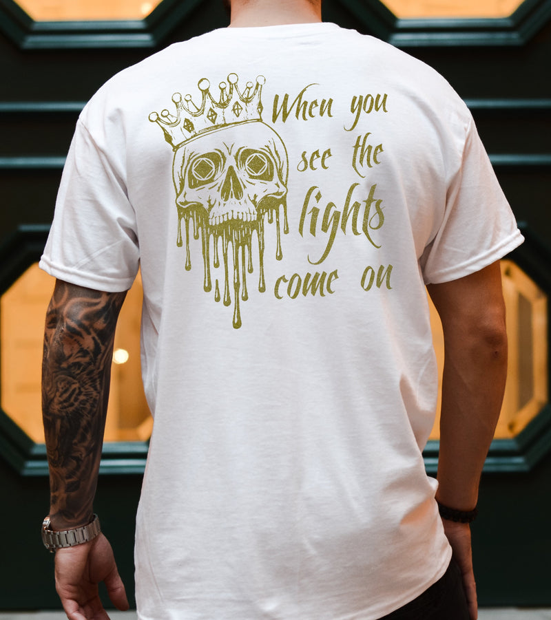 Load image into Gallery viewer, See the Lights Come On White and Gold Metallic Tee ~ Gold Metallic