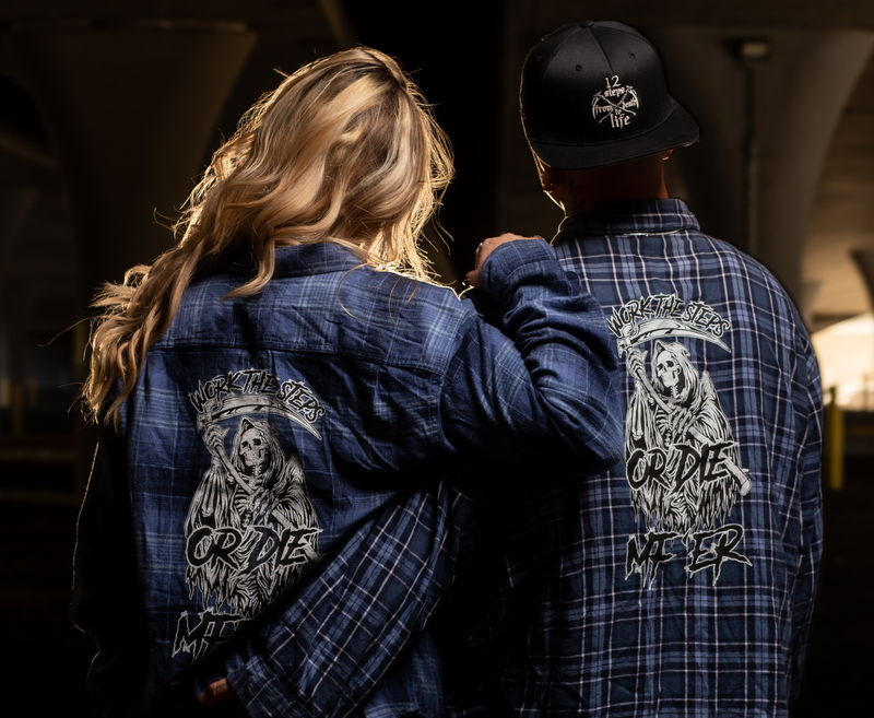 Load image into Gallery viewer, blue plaid jacket with graphic design on the back.