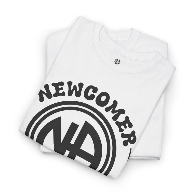 Load image into Gallery viewer, White sweatshirt with 'NEWCOMER' and logo on a white background