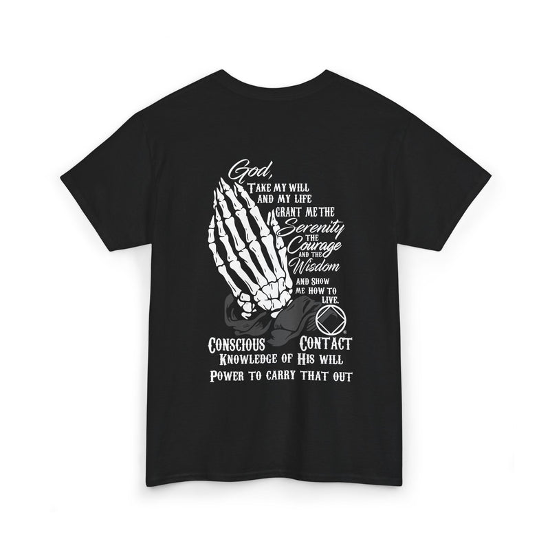 Load image into Gallery viewer, Black t-shirt with white graphic and text on a white background