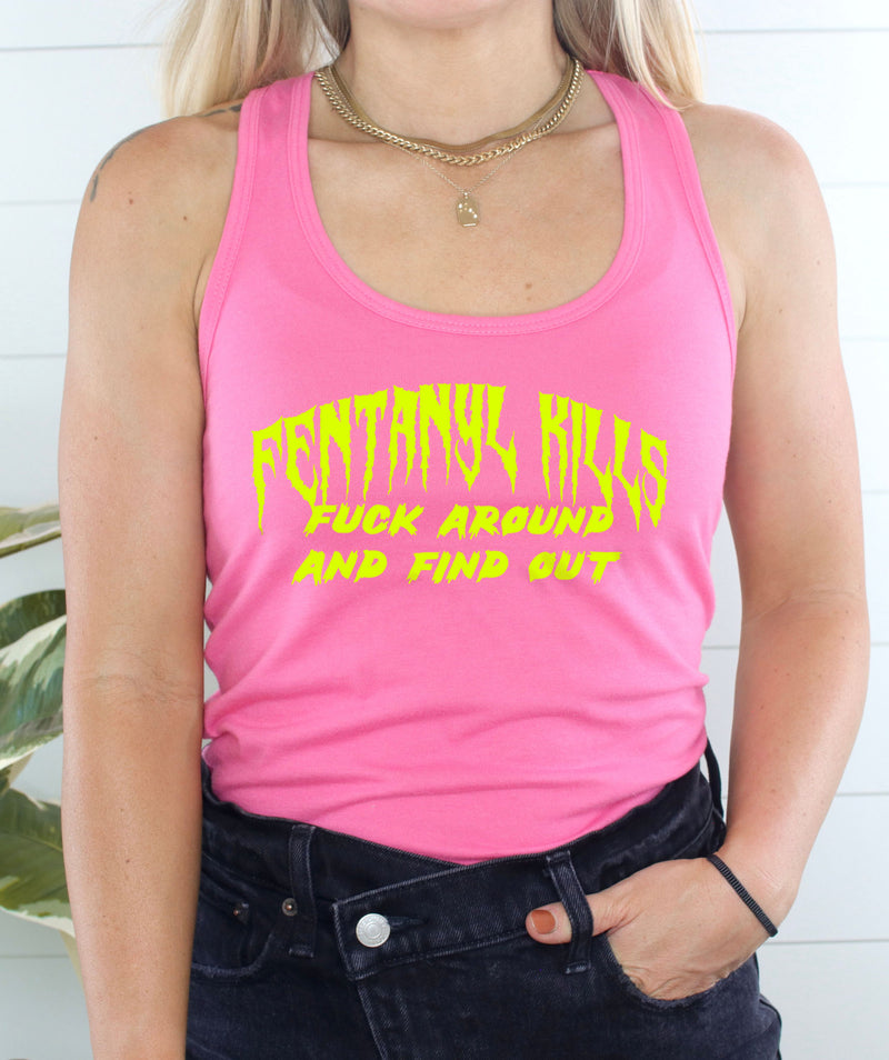 Load image into Gallery viewer, Fentanyl Kills Fuck Around and Find Out Women's Ideal Racerback Tanktop