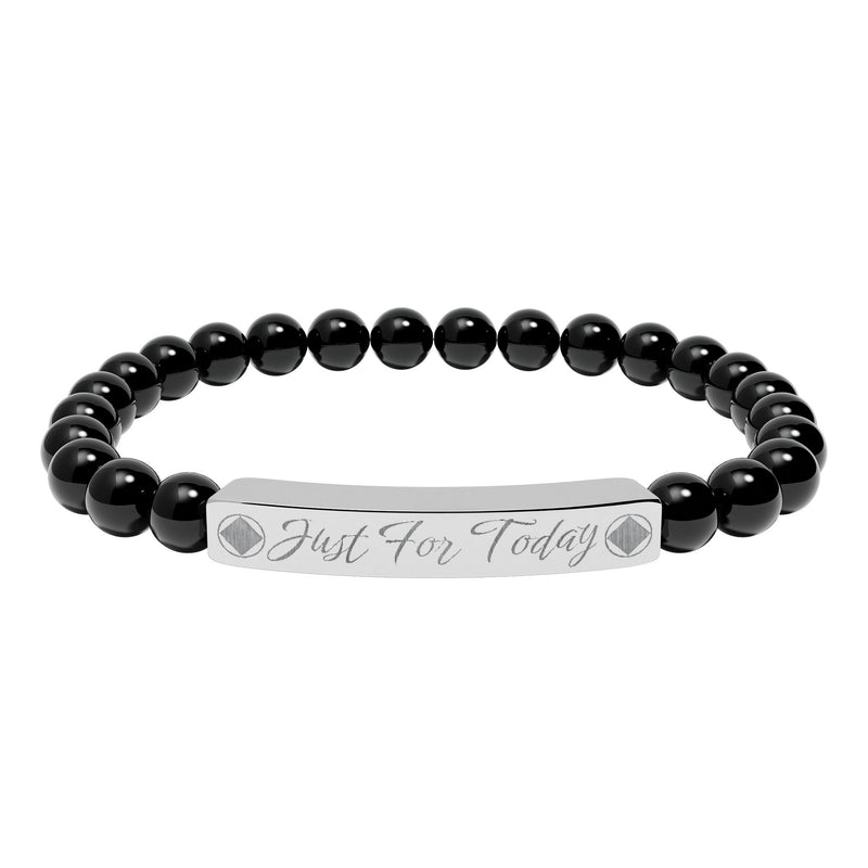 Load image into Gallery viewer, Black beaded bracelet with a silver tag reading 'Just For Today' on a white background
