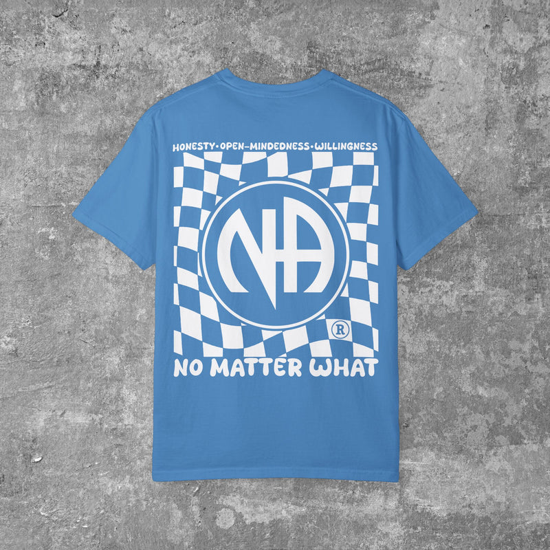 Load image into Gallery viewer, Blue t-shirt with white graphic design on a gray concrete background