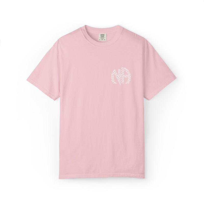 Load image into Gallery viewer, Pink t-shirt with a white logo on a white background
